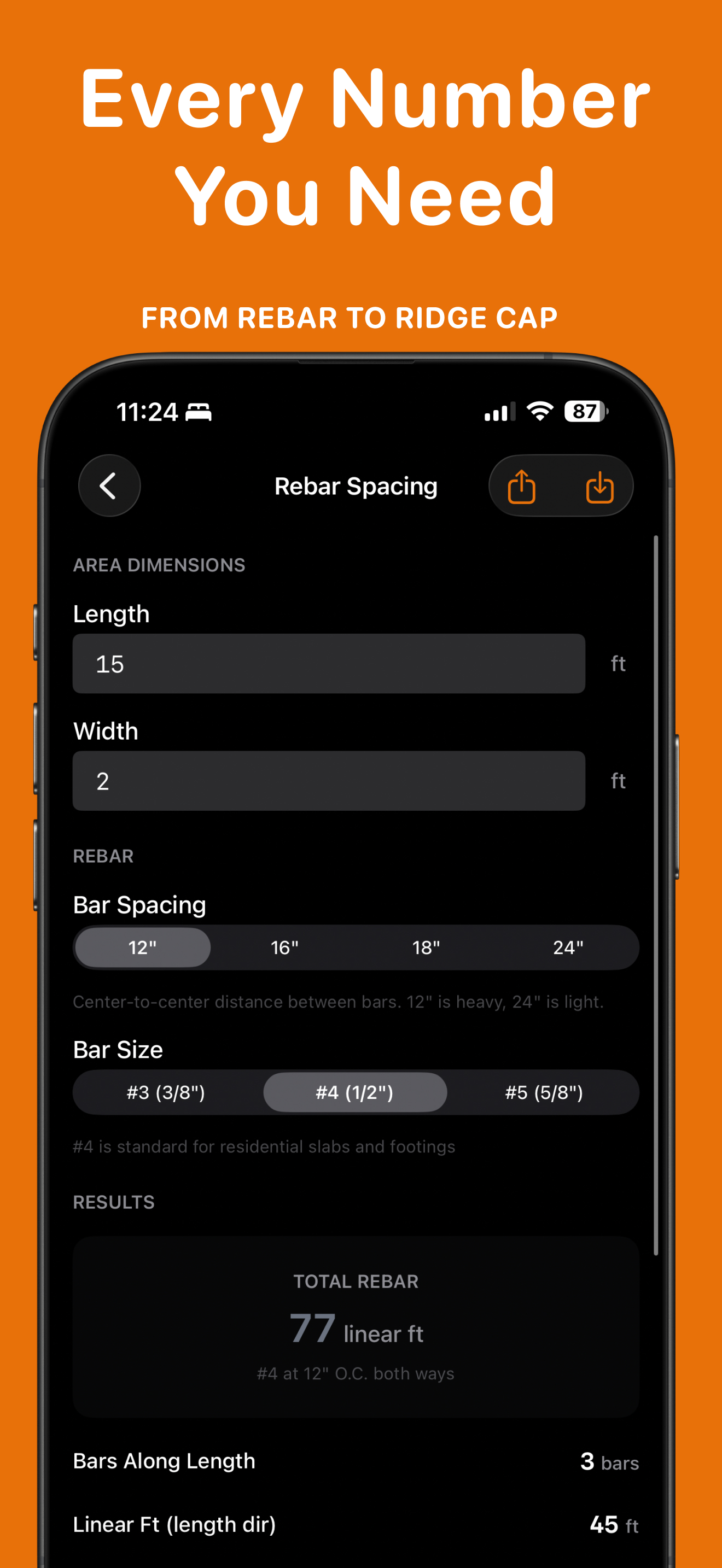 Rebar spacing calculator showing bar count, linear feet, and spacing options