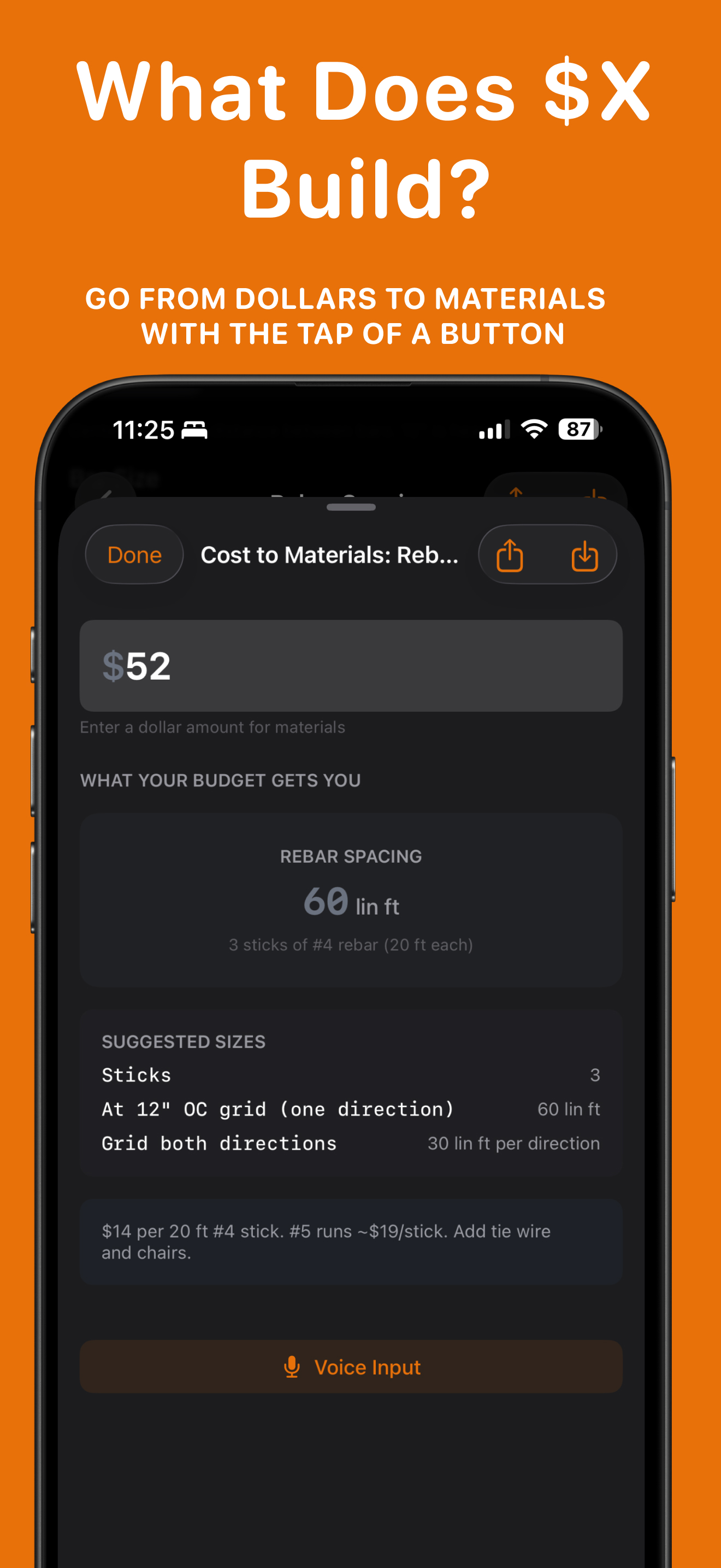 Budget calculator converting $52 to rebar quantities and suggested sizes