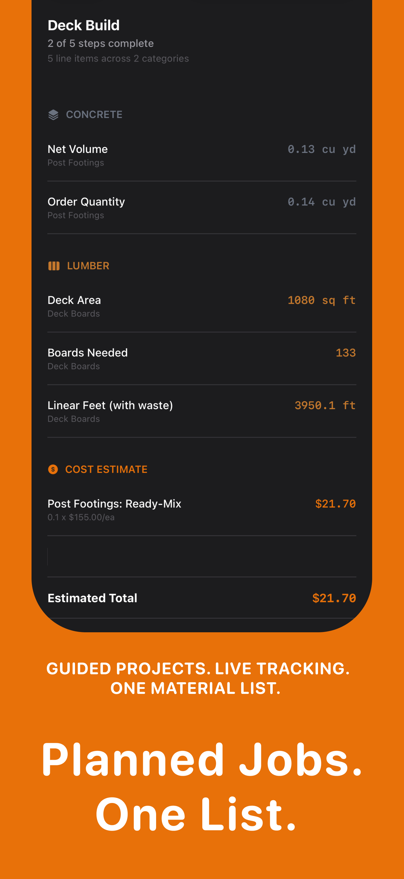Project view showing a deck build with concrete, lumber, and cost tracking