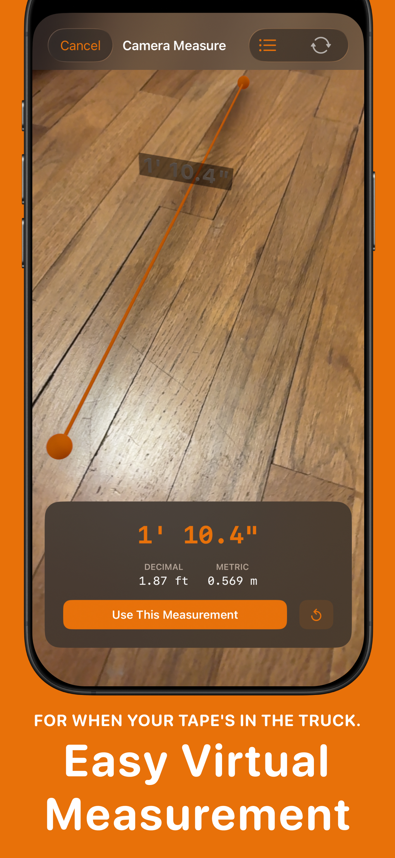 AR camera measurement showing 1 foot 10.4 inches with decimal and metric conversions