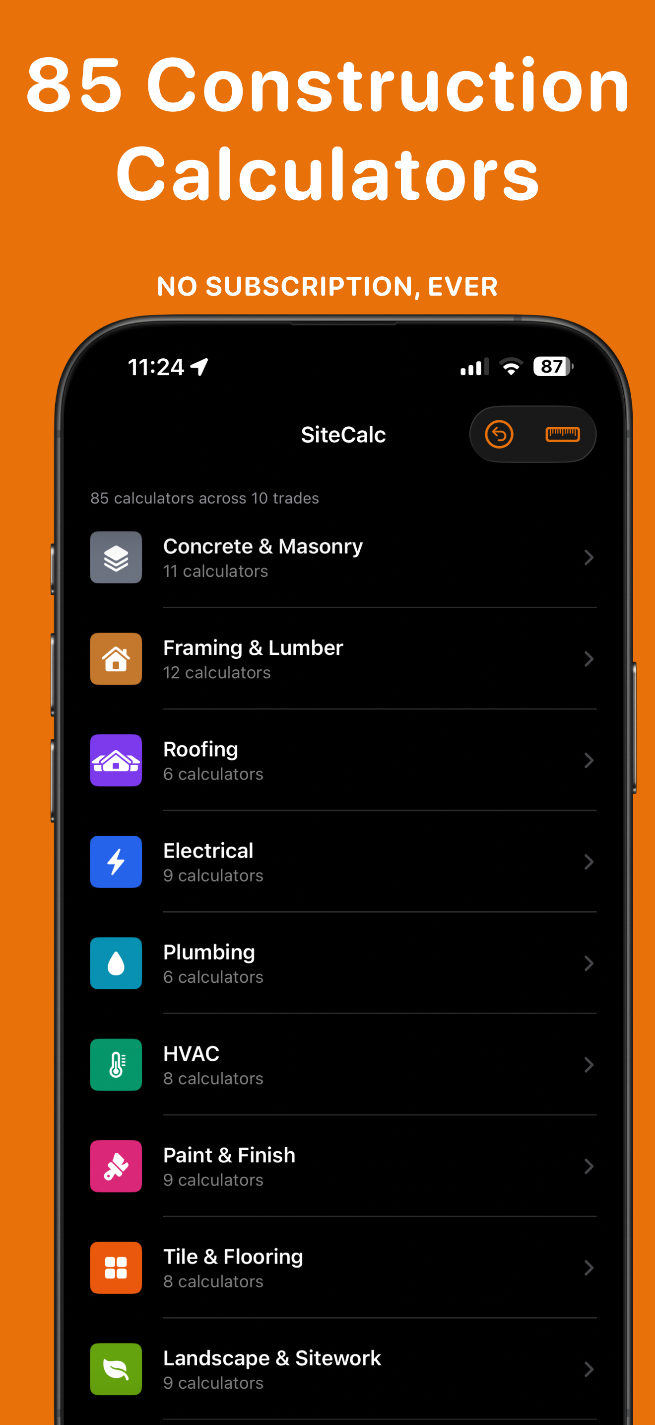 SiteCalc app showing 85 construction calculators across 10 trade categories